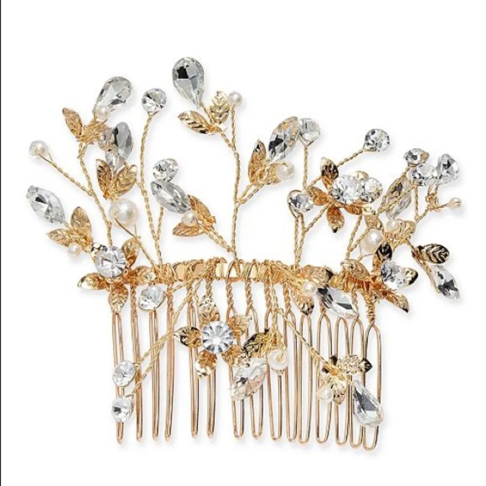 INC Gold Tone Crystal & Pearl Flower Hair Comb nwt